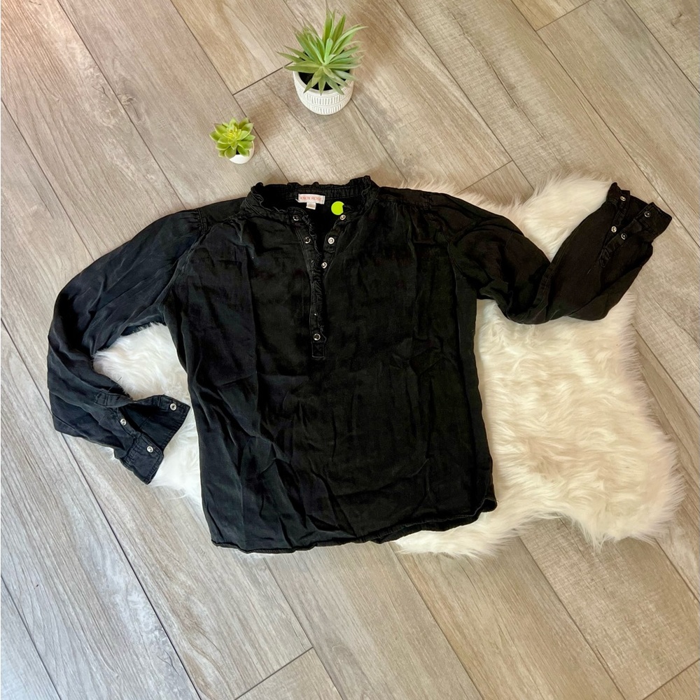 KNOX ROSE | Black Button-Up Ruffled Detailed Blouse (XL)
